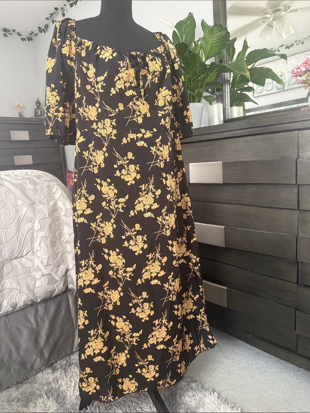 Black & Yellow Floral Square-Neck Midi Dress